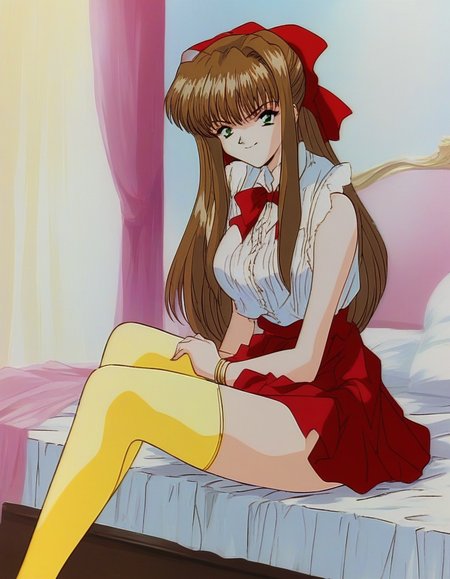 score_9, score_8_up, score_7_up, source_anime, rating_explicit, BREAK  <lora:Imouto_SG_XL:1>Imouto_SG, brown hair, long hair, hair bow, green eyes, red bow, bangs, breasts,
1girl, solo, Yellow thighhighs, sitting, white no sleeve, jewelry, bracelet, red skirt,  bow, serious, smile,  ribbon, looking at viewer,
bed room,