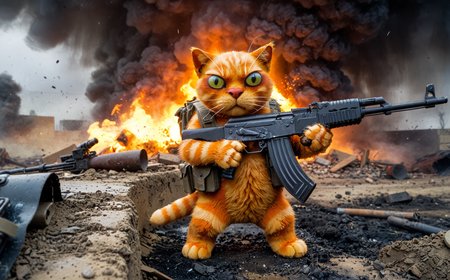 ((a cat)) holding an ((ak47rfs)), holding with front paws, highly detailed, war footage, battlefield, trenches, explosions in background, dark, foggy, moody, muddy, gunfire, explosivions, dust clouds
<lora:dmd2_sdxl_4step_lora v1.0:1>, <lora:SPO-SDXL_4k-p_10ep_LoRA_webui:0.75>, <lora:LojkinXL:0.75>,  <lora:Fant5yP0ny:0.75>,  <lora:AK47_1:0.5> ,    SK_COMIC