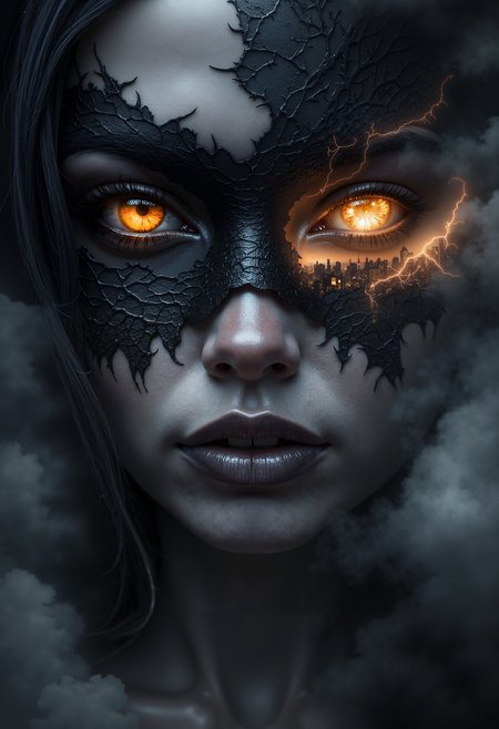 foggy, surreal dream, double exposure, living in a thunder cloud, bo-abyss, bo-cityscape, bo-exposure, bo-cyberpunk, bo-steampunk, a digital artwork depicting a close-up of a woman's face, the subject has a pale, almost black complexion with a rough, textured appearance, suggesting a blend of dark and light tones, her eyes are a striking, glowing yellow, adding a supernatural element to her appearance, and they are partially obscured by a black, leaf-like mask that covers her entire face, leaving her eyes and nose exposed, the mask is intricately designed with jagged, cracky edges, giving it a mystical, otherworldly look, the woman's lips are full and dark, matching the mask's color, the background is a dark, smoky gradient, with some areas appearing lighter and more muted, creating a sense of depth and contrast, the overall style is dark and moody, with a focus on texture and light, enhancing the eerie and mysterious atmosphere of the artwork, the artwork is highly detailed and realistic, capturing the essence of a fantasy or horror-themed character<lora:Flux\boFLUX digital-abyss.safetensors:0.8:0.8> <lora:Flux\boFLUX In the Sky v2.safetensors:1.0:1.0>