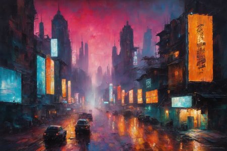 ((Masterpiece, best quality)),beautiful colors, sharp contrast,oil painting, vintage,crackled paint,
painting of a ((cyberpunk city, neon city lights))
painted in renaissance style
 <lora:edgRenaissanceXL:0.7>