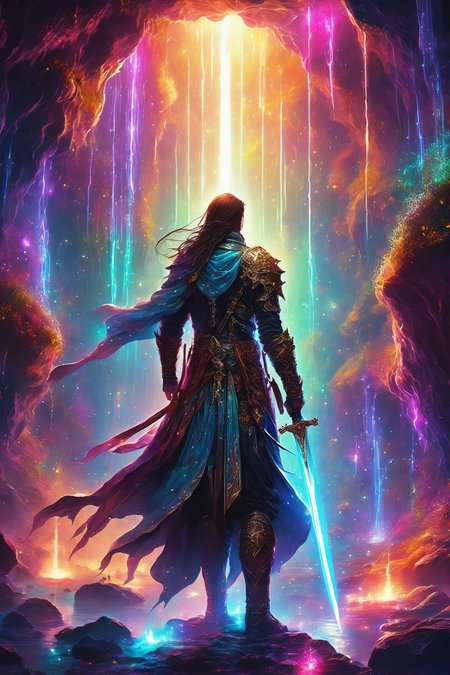 highly detailed fantasy art, a male swordsman standing in a cave, magical lighting, luminous particles in the air, colorful composition, eerie