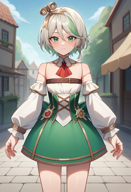 score_9,score_8_up,score_7_up,score_6_up,score_5_up,score_4_up,
1girl, cecilia immergreen, short hair, side braid, white strapless sleeveless shirt, white detached sleeves, detached collar, red ascot, cross-laced green corset, green skirt, winding key, doll joints, gears, gold trim, long sleeves,
solo, cowboy shot, looking at viewer, outdoors, village,
<lora:ceciliaponyxl4-10:1>