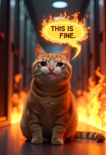 realistic photo of crying cat with a speech bubble that says "THIS IS FINE.", surrounded by flames, sitting on the floor, shallow depth of field,  server room in background, the server is on fire, incredibly detailed, hyperrealistic digital photo, crying, tears, lots of flames. The speech bubble is also on fire.