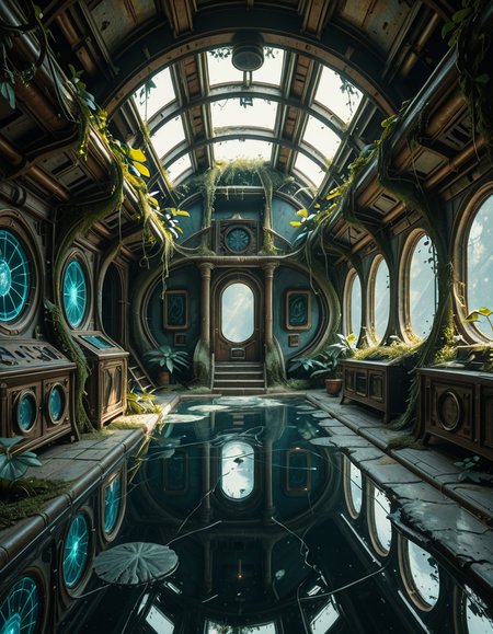 The interior of an ancient abandoned spaceship, overtaken by lush vegetation. The walls and ceiling are covered in thick, twisting vines and moss. Strange alien plants glow faintly in shades of blue and green, casting an eerie, mystical light across the metallic surfaces. Rusted control panels and shattered glass windows hint at a long-forgotten past. The floor is cracked and partially flooded with still, reflective water. Patches of bioluminescent fungi cling to the corners, adding a surreal atmosphere. The air feels heavy with moisture, and beams of soft, diffused light filter through holes in the hull, creating dramatic shafts of light and shadow. The overall style is hyper-realistic, rich in textures, with a cinematic and slightly melancholic mood.<lora:SDXLFaeTastic2400:0.4> <lora:extremely_detailed:0.4> extremely detailed,ancient abandoned sp4c3sh1p, <lora:ancient_abandoned_sp4c3sh1p-i:1>, Masterpiece,best quality,hi res,8k,hi res,8k,award winning,(sharp focus, intricate, highly detailed),