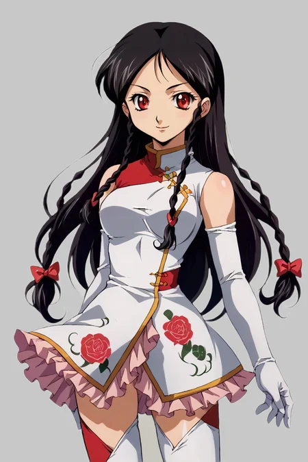 score_9, score_8_up, score_7_up, source_anime BREAK 1girl, solo, kiddy_tweedledee, 1990s\(style)\, china dress, frills, white gloves, elbow globes, white thighhighs, black hair, long hair, twin braids, red eyes, looking at you, smile, cowboy shot, simple background <lora:kg_tweedledee:1>