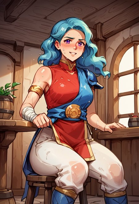 Score_9, score_8_up, score_7_up, score_6_up,score_5_up, anime color, watercolor, ink lines, anime style, source_cartoon, valere, aqua hair, (wavy hair), long hair, curvy hips, purple eyes, single shoulder pad, blue cape, blue sash, red shirt, armlet, sleeveless, bandaged arm, white pants, blue boots, (((close up))), sitting, (((((wet clothes))))),face focus, dynamic angle, sweating, blush, view from below, huge weapon, (((holding weapon))), double-bladed spear, 1girl, solo, action pose, leaping, smiling, slightly nervous, (best quality,masterpiece), ultra high res,ultra-detailed, :: indoors, tavern, table, painted background, sunset,