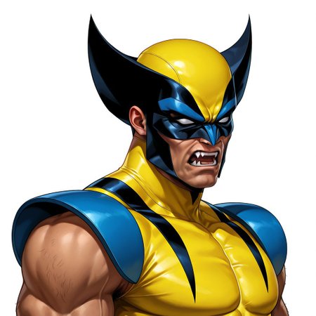 FutureFightStyle, ((semi realistic)), white background, simple background, solid color background, 2d, solo, 1male, Marvel, X-Men, Wolverine, pale-skinned male, muscular male, yellow bodysuit, black stripes, sleeveless, shoulder armor, blue shoulders, blue gloves,  Mask, multicolored mask, yellow mask, black mask, white eyes, no pupils, body hair, covered neck, angry expression, gritting teeth, fangs, 3 claws, (((headshot)))