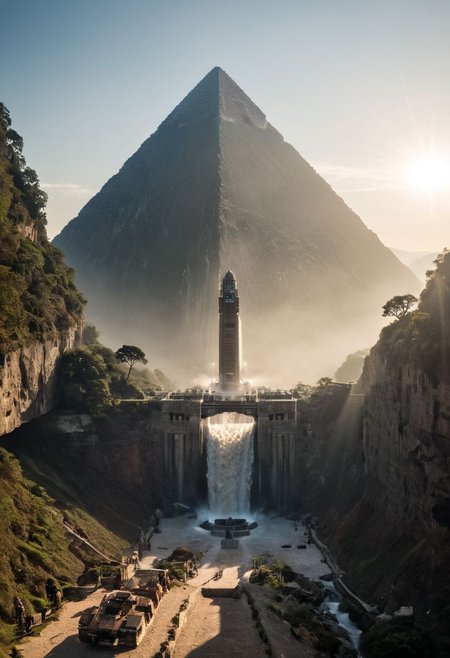 (pastel neon niji colors, terraforming mecha-Pyramid Like drdnght machine hovering above planet earth 20000 bc:1.55), 
(atmospheric haze, Film grain, cinematic film still, highly detailed, high budget, cinemascope, moody, epic, OverallDetail, gorgeous, 2000s vintage RAW photo, photorealistic, candid camera, color graded cinematic, eye catchlights, atmospheric lighting, skin pores, imperfections, natural, shallow dof:1.4),
(Ancient megalithic civilization, Azka Lines, on Easter Island:1.1), (The colonial city of the future, in the mist-filled Grand Canyon, on an unknown Earth-like planet, 2 moon on sky, Spaceship flight connects colonies, waterfulls:1), (Machu Picchu, a mountain settlement, incredibly spectacular:1),  (avant-garde, future, reality, science fiction, photorealistic), White limestone with black granite, fountain, waterfall, landmark, square, path, narrow street, (Large Files, Ultra Realistic, 8K, 16k, FHD, HD, VFX, Perfect, Photography, composition, Architecture Sales Photography, Architecture Competition, Ultra High Resolution, Cinematography, High Resolution Image:1), (dramatic lighting, direct sunlight, ray tracing, clear shadow:1), (real landscape:1), (blurred background:1.0), (urban background, more_details) ,
extremely detailed, industrialbuilding, drdnght machine, spstation, mayamaze, caveruinsAerial