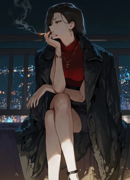 1girl,solo,shirt,skirt,black hair,dress,holding,sitting,jacket,pantyhose,shoes,sleeveless,black skirt,black footwear,coat,black jacket,high heels,looking to the side,sleeveless shirt,crossed legs,red shirt,black coat,cigarette,head rest,jacket on shoulders,smoking,hand on own chin,between fingers,holding cigarette,coat on shoulders,elbow rest,fashion,hand up,legs,bare legs BREAK short hair,jewelry,outdoors,earrings,necklace,hair over one eye,black eyes,makeup,night,black background,cross,smoke,red lips,half-closed eyes,hair behind ear,asian BREAK masterpiece,best quality,very aesthetic,aruhshura AND bare legs,legs,hand up,fashion,elbow rest,coat on shoulders,holding cigarette,between fingers,hand on own chin,smoking,jacket on shoulders,head rest,cigarette,black coat,red shirt,crossed legs,sleeveless shirt,looking to the side,high heels,black jacket,coat,black footwear,black skirt,sleeveless,shoes,pantyhose,jacket,sitting,holding,dress,black hair,skirt,shirt,solo,1girl BREAK asian,hair behind ear,half-closed eyes,red lips,smoke,cross,black background,night,makeup,black eyes,hair over one eye,necklace,earrings,outdoors,jewelry,short hair BREAK aruhshura,very aesthetic,best quality,masterpiece