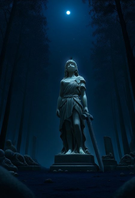 masterpiece, best quality, amazing quality, very aesthetic, high resolution, ultra-detailed, absurdres, newest, scenery, in the middle of a dark forest, dark, depth of field, broken statue\(ruined:1.5\), a female knight, upraising a stone sword toward sky, a ray of sunshine, marble statue, white statue, wide angle shot,