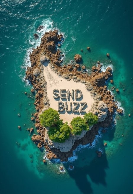 Bird's-eye view of a small island stranded in the middle of the ocean, center frame a bunch of rocks arranged to spell out "SEND BUZZ". little tropical vegetation, bright, sunny, ocean waves lapping at the shore.