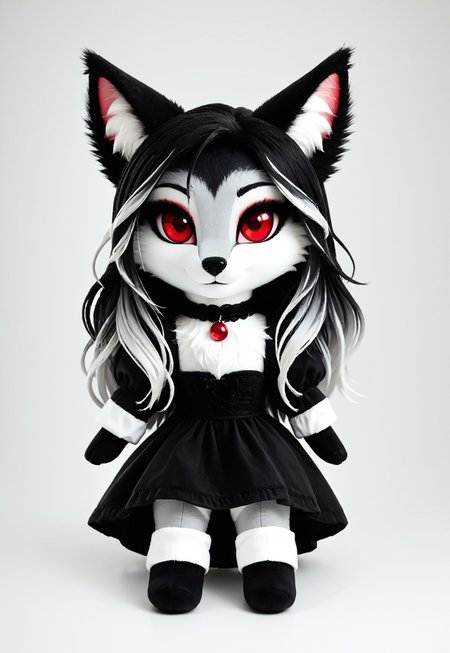 masterpiece, score_9_up, score_8_up, score_7_up, score_6_up, source_furry, (best quality:1.1), ultra-detailed, high resolution, solo, highly detailed macro illustration, solo, 1girl, Zirra, anthro, fox canine, female, black fluffy ears, white fluff in ears, black thin eyebrows, (two-colored hair, black and white hair), hair over one eye, long hair, highlights, (beautiful red eyes:1.4), (red make-up:1.1), big eyes, (long eyelashes:1.2), long hair, two-color fur, black fur, white fur, black animal nose, gothic aesthetic, black dress, choker with red gem, (cute evil face:1.2), :3 BREAK (simple background) BREAK highly visible, sharp focus, anatomically correct BREAK fumo, fumos, plushie, cute, toys, dolls, toy, fumo style, Fumo plush doll, fumo \(doll\)