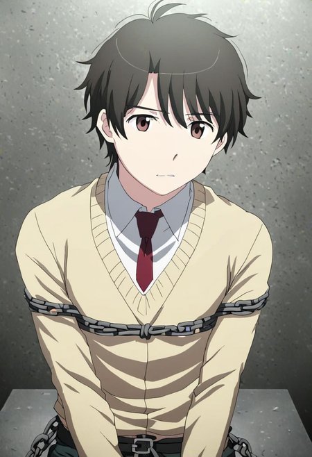 high resolution, solo, best quality, 1Boy, Inaho Kaizuka, Black Hair, Brown Eyes, arrested, restrained, struggling, tied, interrogation, interrogation room, OverallDetail