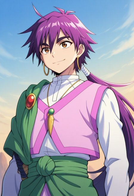 masterpiece,best quality,amazing quality, source_anime, 
Shindobaddo, 1boy, male focus, solo, brown eyes, purple hair, long hair, ponytail, hoop earrings, jewelry, necklace under clothes, shirt, white shirt, long sleeves, vest, pink vest, shoulder cape, green cape, sash, green sash, smile, sky,