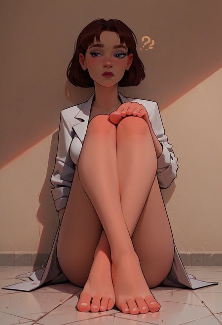 (score_9, score_8_up, score_7_up, score_6_up, score_5_up, score_4_up), source_cartoon, 1girl, feethands, feet for hands, beautiful, adult, in a lab, test tube broken at feet, wearing a lab coat, lab coat ripped, perfect breasts exposed, feethands on floor, intrigued, interested, looking at feethands, curious expression,  feet instead of hands, fascinated,