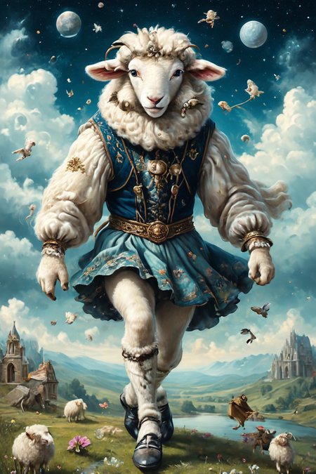 Detailed digital portrait of an anthro Sheep (Kicking up heels, carefree playfulness) at a Astral plane reflecting ethereal landscapes, <lora:xl_more_art-full_v1:0.5>,  <lora:The_Crazy_Style:0.7> <lora:anthro_muscular:0.7>
