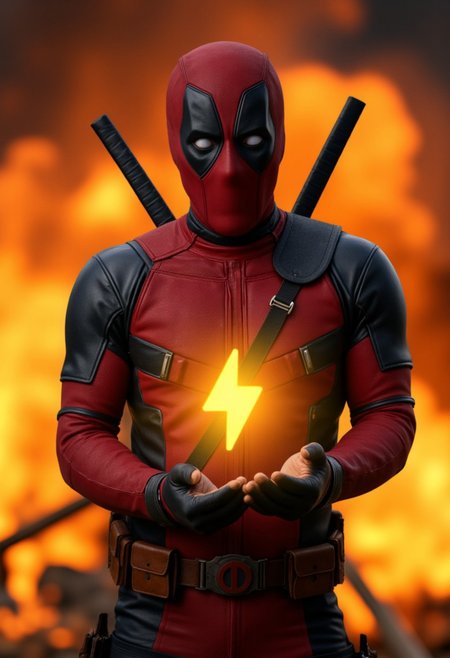 deadpool in a bodysuit and a mask shows the observer a sparkling icon of a bright, yellow SuchBuzzLogo  lightning in his hands with a surprised expression on his face. The lightning bold are glowing in his hands, his skinny figure illuminated by the bright lights. Against the backdrop of the explosion