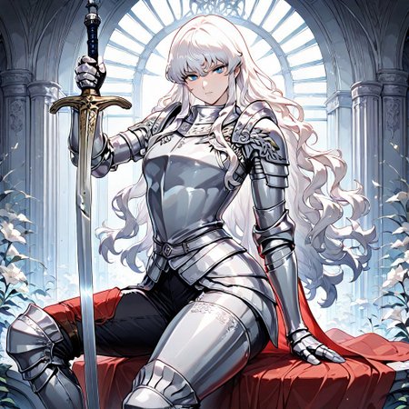masterpiece, best quality, newest, absurdres, highres, 
PINWSV1.0, pin up, sexy pose, sword, holding sword, holding weapon, sword, 1boy, griffith_(berserk), white hair, blue eyes, wavy hair, armor,
