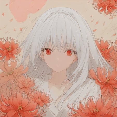 masterpiece,realistic,(flat color:0.5),impressionistic painting,  luna, outdoors, simple blank background, (huge flowers:1.2), flower surround, spider lily, summer, night, ambient light, looking at viewer, pure skirt, detailed face, upper body, wind, petals, death,pole color,red eyes, white hair, <lora:Luna_Pony_test_after_3-000060:1>
