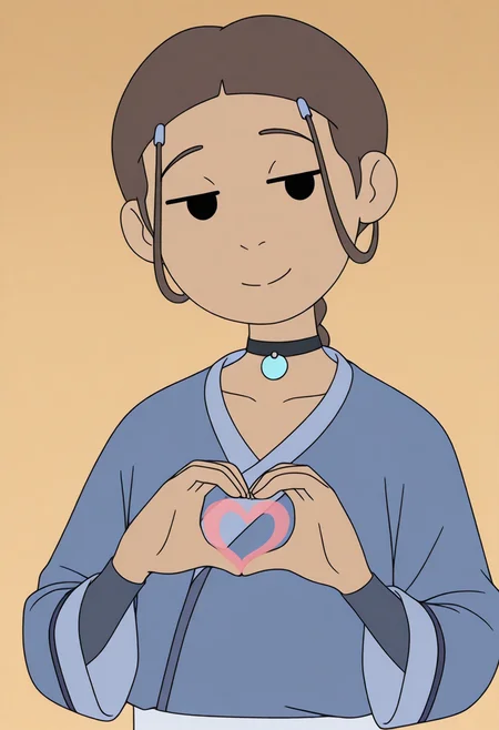 <lora:Katara_Illustrious_X:1>
 <lora:Juukyuu_Style:1>
1girl, dark skin, dark-skinned female, brown hair, choker, jewelry, hair ornament, katara, braid,
solo,
blue robe, upper body,
head tilt, light smile, closed mouth, jitome,
own hands together, heart hands,
masterpiece, flat colors, solid circle eyes,