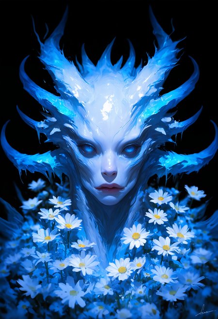 masterpiece, best quality, good quality, very awa, very aesthetic, absurdres, newest,realistic, solo, looking_at_viewer, blue_eyes, flower, parted_lips, horns, signature, no_humans, depth_of_field, blurry_background, white_flower, black_background, portrait, 1other, monster, blurry_foreground, extra_eyes, daisy, eye_focus, 748cmstyle,usnr