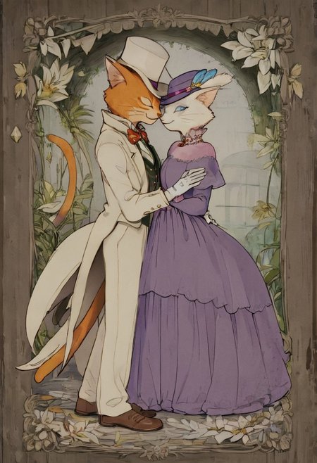 score_9, score_8_up, score_8, cute, in the style of beatrix potter, cel-shading, fca style, baroness louise, white fur, cat, female cat, blue eyes, anthro, gloves, purple hat, elegant hat, purple dress, looking at viewer, beautiful eyes, smile, 1girl, BREAK
baron humbert, ginger fur, blue eyes eyes, cat, male, anthro, suit, tuxedo, blue blow-tie, white gloves, 1boy, BREAK
hugging, duo, couple, kissing, closed eyes