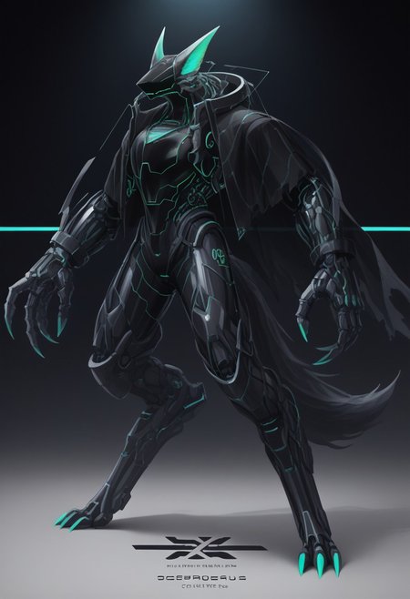 (((werewolf)))(stunning, magnificent, HD, photorealistic, dramatic lighting, intricate details, armor beautiful patterns, realistic , mythical, legendary, powerful, cinematic,, masterpiece, perfect anatomy, perfect composition, perfect hand, (beautiful detailed eyes:1.2), (soft colors)) , glowing core on armor, armor highly detailed patterns on armor), torn cloak , full body fits into the image, full body visible, ), claws, gauntlet, igital illustration of a futuristic, armored humanoid figure. The subject is dressed in a highly detailed, dark, and bulky exosuit with intricate mechanical components and white accents. The suit features various textures and layers, including a cloak-like garment with angular, geometric shapes. The figure's head is adorned with a helmet that has two antenna-like protrusions and a visor, giving it a robotic appearance. The suit has several logos and text in white, including a prominent circular emblem on the chest and arm. The overall design is sleek and modern, with a strong emphasis on technology and advanced, ,(((huge arms with cylinders mechanical components)))