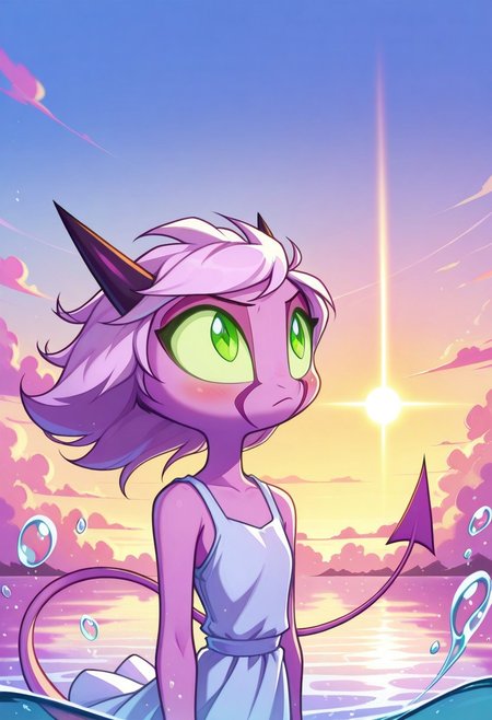 Dreamkeepers,1girl,Prelude_Namah,solo,demon tail, green eyes, horns, 
child, kid,
masterpiece,  high reflexion in water, vivid colors, vibrant colors, decarloxl, retro colors, 60s, very high color contrast, multicolor clouds, soap bubble, multicolor soap bubble, shirt, dress, closed mouth, standing, collarbone, white shirt, upper body, outdoors, sky, sleeveless, day, shiny, cloud, , water, white dress, shiny hair, blue sky, bare arms, floating hair, sleeveless dress, dress, swept bangs, frown, expressionless, sunlight,  cloudy sky, looking up, wind, scenery, lens flare, backlighting, bubble, light blush, sunset, water drop, arms at sides, sun, sundress, twilight, evening, orange sky, pink sky,