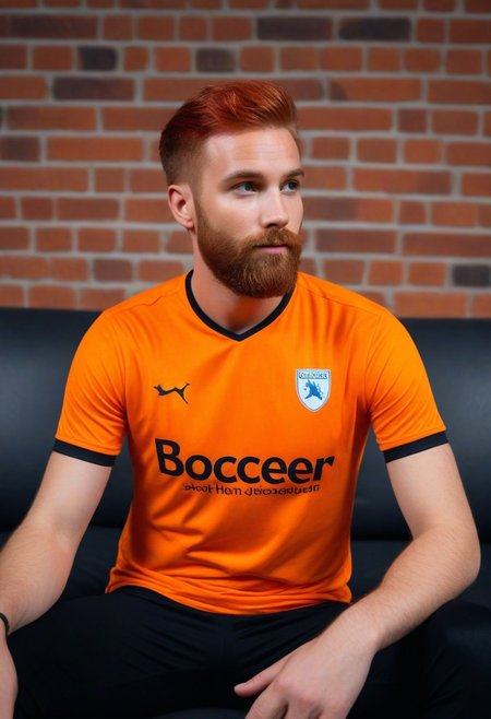 photo of a man with short red hair, hipster beard, looking away, sitting on sofa, posing, brick wall on background, bokeh, dynamic dutch angle.
(wearing soccer_jersey, dark theme, orange english text).