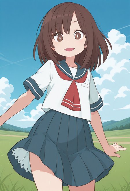 kitanaga, white pupils, brown eyes, brown hair, medium hair, school uniform, serafuku, sailor collar, short sleeves, pleated skirt, <lora:kitanaga_illustrious_ver1:0.8> 
smile, open mouth,, masterpiece, best quality, sensitive,, 1girl, solo, blue sky, (grasslands:1.2), looking at viewer,, (cowboy shot, dynamic pose:1.4),