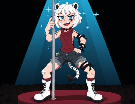 masterpiece, best quality, amazing quality, newest,2024, artistic, 2s american cartoon style,   blended onto front background, anime colors, flat anime, detailed realistic cel shading,unreal,, 3d, pinuppose, cinematic perspectivem award winning art,  black background,
da male,  short hair, fangs,  twotone hair , DEVIL TAIL,   LINE LIPS, ESINGLE THIGHHIGH, CHISLED MALE FACE, tiger stripes,   wide shouldersnarrow hips,  wide shoulders,  running eyeliner, mind break,  flatchest,  <lora:f3nn3rXLP:1> f3nn3r, colourful, pink, blue, black, red, trippy,  mult tone hair, trippy hair, trippy eyes, punk rock,, (multi toned hair:1.3),   glitch, matrix  simulation,  egyptian choker,, sparkles in eyes,  glowing nails,   <lora:Taiga5th:1> tturtleneck,   bandaid on nose, bandaid on cheek,  cross, Taigaholic,  laced sides, femboy,  white hair,  short hair, sleeveless, black denim shorts, single, blue eyes, choker, black nails, white boots,  exposed pockets , winged boots, arm ribbon, thigh ribbon, Burgandy single thigh high, asymetrical asymmetrical legwear,solo, white hair,  red shirt, messy hair,sidelockes , extreme zoom in,  tiger ears, tiger stripes, glittery ,  spectral short haired version, smug, constellations, bltiger tail, tiger ears, tiger tail,  hand on own hip, seductive lean, excessive lody lean, ( bowlegged pose,  bowlegged:1.5) , spotlight, stripclube, stripper pole, pole dancing, audience,  hand on pole, (croptop:-1), faceless crowd, money on stage, smug,