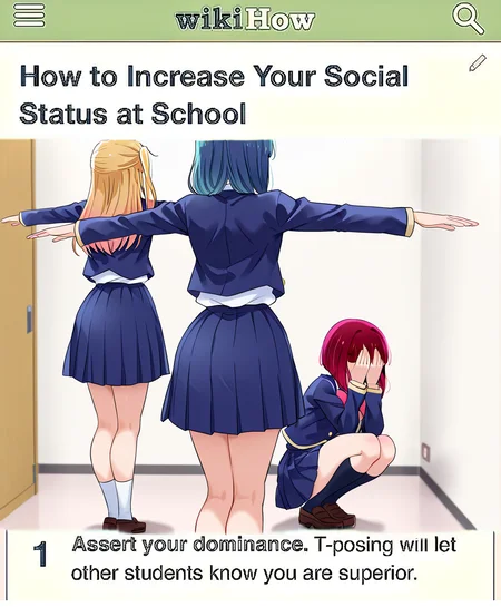 masterpiece, best quality, absurdres, assert_your_dominance_(meme), 3girls, school uniform, indoors, wall, corner, 
BREAK 
2girls, hoshino ruby, kurokawa akane, t-pose, standing, from behind, spread arms, 
BREAK
arima kana, squatting, covering face, hands on own face, 
<lora:assert_your_dominance_meme:1>