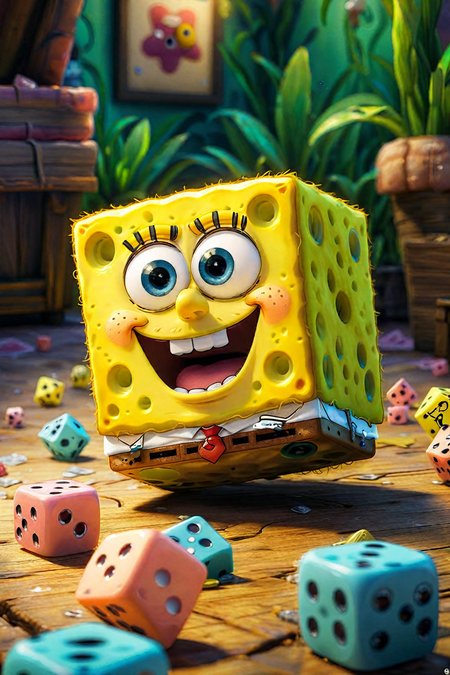 dice Spongebob, dice Spongebob Squarepants, <lora:add-detail-xl:0.48>, 8k, <lora:Cute_3D_Cartoon:0.64>,  <lora:animeoutlineV4_16:-0.5>, Designed by Bage