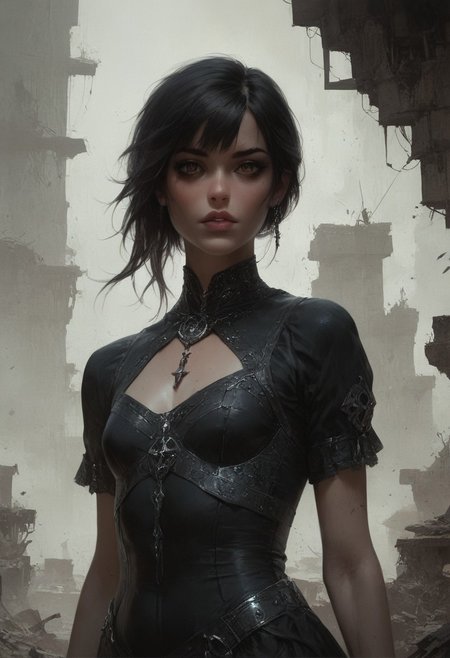 score_9, score_8_up, score_7_up, score_6_up, 1 woman, goth, 80s, age 18,  cute, petite, extremely detailed, high quality, realistic, beautiful brown eyes, Extra small breasts, black dress ,  thick open hair with bangs, dark theme, low light, from hip up, barren landscape with ruins, (masterpiece, best quality, highly detailed, realistic),  muted colors,