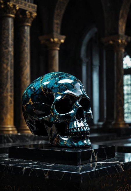 Fujifilm XT3, Sony A7 IV, (award winning photography) a (black: 0.89) marble skull made of opal (Kintsugi: 0.89) set on a pedestal in temple, glistening. in the background beautiful pillars, divine (iridescent: 0.79), opalescent textures, volumetric light, ethereal, sparkling, studio photo, highly detailed, sharp focus (highest quality: 1.39) (highest coherency: 1.39) (award winning photography), highly detailed photography, (muted colors, cinematic, dim colors, soothing tones:1.2), vibrant, insanely detailed, hyperdetailed, (dark shot:1.2), (vsco:0.3), (intricate details:0.9), (hdr, hyperdetailed:1.2) (vignette), sss, raw photo, fijifilm, kodak, cinematic film grain