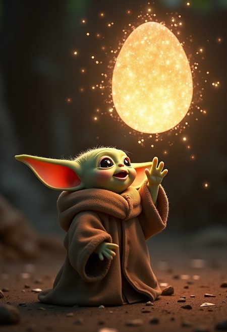 A cute baby yoda from Star Wars, reaching up to a floating large glowing sparkling egg, happy, suprised