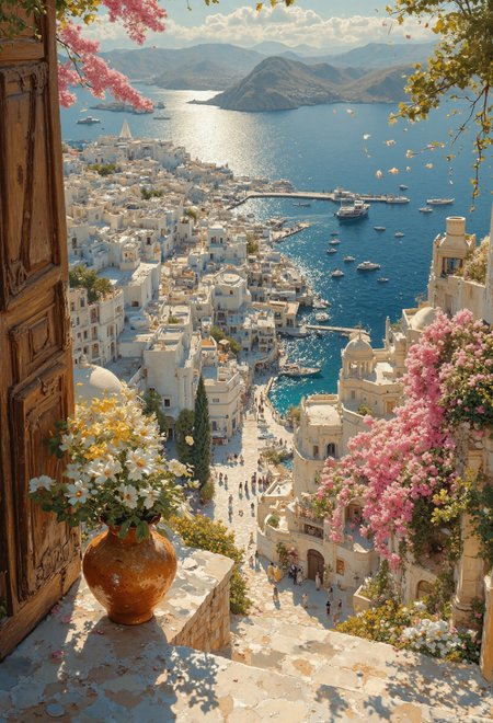 Midday in a Greek Island Village The whitewashed terraces of a Greek island village gleam under the relentless midday sun. A vase filled with yellow lotus rests on a stone ledge. The deep blue Aegean Sea stretches endlessly below, shimmering beneath the bright sky. Pink bougainvillea cascades down sun-bleached walls, their petals drifting lazily across empty streets. A wooden door stands ajar, revealing only shadows within. The scent of salt and jasmine fills the air, but the village remains utterly still, as if waiting. The scene is bathed in warm golden and orange hues, with soft light reflecting off the rippling water. The foreground features grand buildings with ornate domes and towers, surrounded by lush greenery. A bustling waterfront with small boats and bridges connects various districts, filled with people dressed in elegant attire. The background displays rolling hills and distant mountains under a sky dotted with fluffy clouds. The overall aesthetic combines a painterly impressionism with hyperrealist details, evoking a sense of wonder and vibrant life. <lora:flux.1_lora_flyway_Epic-detail_v2:0.4> <lora:FluxDFaeTasticDetails:0.4> <lora:42lux-UltimateAtHome-flux-highresfix:0.25>