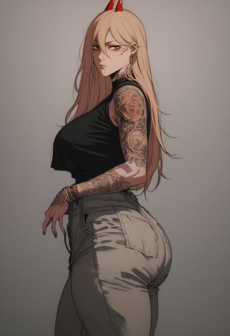 ratatatat74 style, score_9, score_8_up, score_8_up solo, 1girl, 1girl, p0w3r0x1, long hair, blonde hair, red horns,demon pupils, big ass, h thick thighs,  massive tits, , looking at viewer, slutty, tattoos on asst4ts, tattoos, tattoo, huge breasts, piersing,