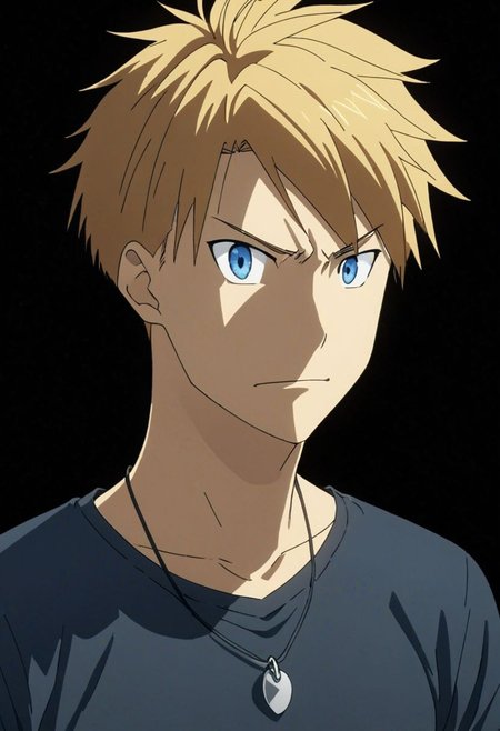 high resolution, professional photography, best quality, 1Boy, Yamato Ishida, blond hair, deep blue eyes, necklace, dark t-shirt, looking at viewer, focused gaze forward, plain background, straight body, head upright, angry, smile, OverallDetail