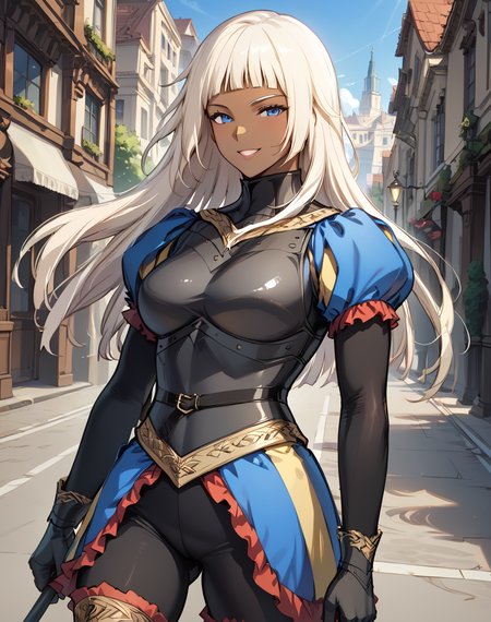 ophelia_amleth, white hair, long hair, blue eyes, dark-skinned female, dark skin,  black pants, ,armor, gloves, knight clothes, breastplate BREAK outdoors, city street, BREAK looking at viewer, sexy face, sexy smile, open mouth, cowboy shot, BREAK score_9, score_8_up, score_7_up, source_anime ,zPDXL, <lora:Ophelia_Amleth:0.8>