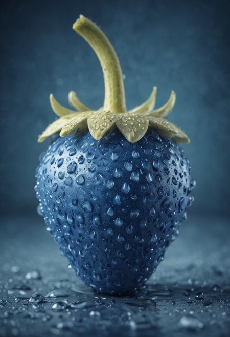 concept art of a blue strawberry with banana shape covered in sweat, magnificent, celestial, ethereal, water drops,   background Cinematic Hollywood Film Style, shallow depth of field, vignette, highly detailed, high budget, bokeh, cinemascope, moody, epic, gorgeous, film grain, grainy, <lora:add-detail-xl:1>
