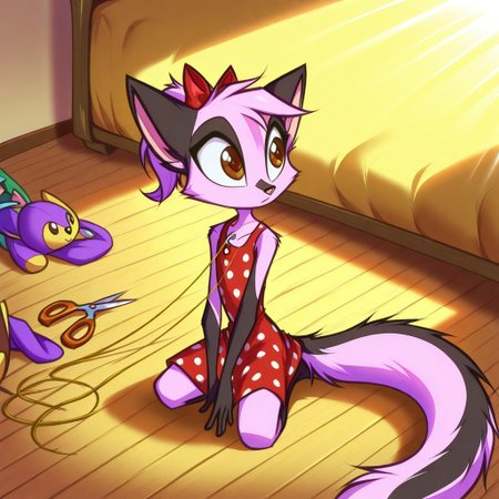 Dreamkeepers,1girl,Prelude_Vi,solo,furry,tail,source_furry,hazel eyes,
child, kid, 
needle, thread, plushie, fabric_scraps, scissors, polka_dot_dress, wooden_floor, sunlight, ribbon