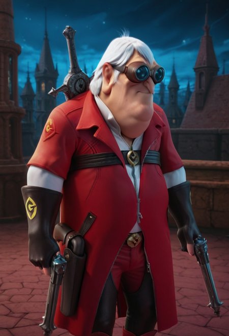 masterpiece, high quality, highest detail, semi-realistic,  (solo:1.3), 1boy, Nefario, maddoc, ggls, lbct, goggles, fat chin, detailed face, medium white hair, open black collared shirt, open collar, zipper, chest belt, red coat, trench coat, sleeves rolled up, black gloves, partially fingerless gloves, buckle, black chaps, red pants, cowboy boots, dante, luminous effects, A3THER, two pistols, (holstered sword on back:1.3), devil_may_cry, negative_hand, da4e3, (dual pistols:1.3), detailed background, gothic citiscape background, grimdark, night, spires,
