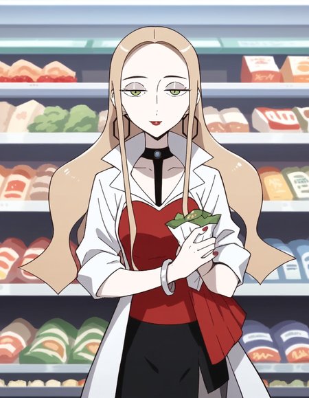 score_9, score_8_up, score_7_up, source_anime, <lora:pokemon-oleana-twilight-wings-ponyxl-lora-nochekaiser:1>, oleana, long hair, blonde hair, green eyes, makeup, half-closed eyes, red lips, forehead,, skirt, shirt, jewelry, pantyhose, earrings, choker, black skirt, bracelet, coat, black choker, blouse, red shirt, red nails, hoop earrings, white coat, grey pantyhose, grocery store, cashier, shopping bag, scanning items, small talk, everyday routine, smile, looking at viewer, solo,, cowboy shot, dutch angle