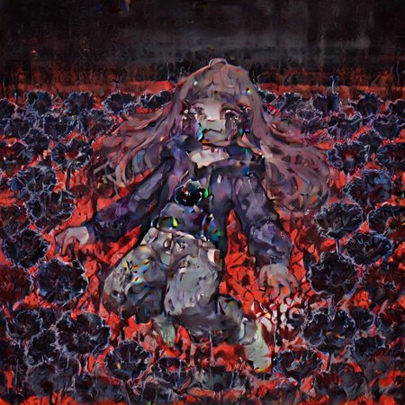 Paula,1girl,Brown hair,mask with :3 symbol,choker,bangs, hoodie,baggy gray pants,white socks,Long hair
Paula lying on her side in a field of black flowers. Paula is crying, her eyes watering, tears running down her face and falling to the ground, black sky, red sound, red atmosphere, depressing atmosphere, dull, dark colors.