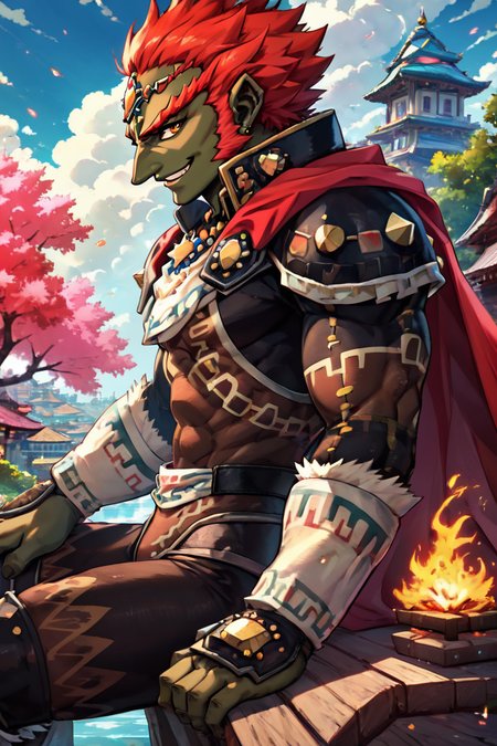 score_9, score_8_up, score_8,   BREAK, , ,,, (upper body),  zzGanondorf, 1boy, red hair, dark skin, armor, gloves, jewelry, muscular, shoulder pads, short hair, cape, muscular,  fire, aura,  <lora:Ganondorf_OoTZelda_PDXL:0.8>,   ,,,, BREAK, sitting on bench, side view, smile, looking at viewer, cowboy shot,  ,,, BREAK, pnkBldng, sky, day, cloud, tree, blue sky, building, architecture, east asian architecture,  ,,, BREAK, embedding:zPDXL, Expressiveh,  ,,, <lora:PinkBuildingsPDXL_v2:0.6>, <lora:SDXLFaeTastic2400:0.5>, <lora:Expressive_H-000001:0.4>