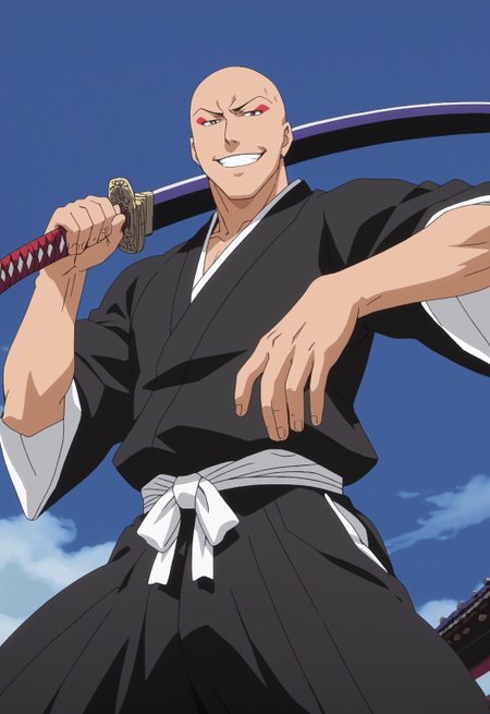 safe_pos, safe_pos, safe_pos, score_9, score_8_up, rating_nsfw, ultra hd, absurdres, best quality, best aesthetic, masculine, solo, 1boy, male focus, perfect proportions, handsome, erotic, alluring, hand with five fingers, mature male, coloured

BleachIkkaku, bald, japanese clothes, makeup, anime screencap, half body view, smiling, looking at viewer, low angle, katana, fighting with katana, wind effects, motion effects, detailed, stylised magazine cover
