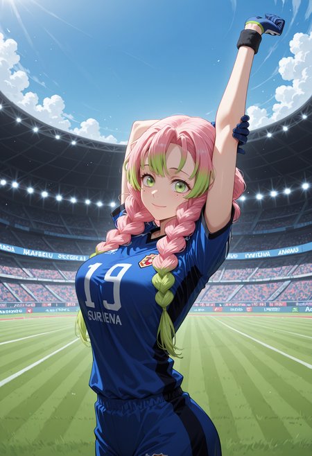 masterpiece, best quality, highres, absurdres, very awa, 1girl, solo, twin braids, multicolored hair, pink hair, green hair, mole under each eye, large breasts, soccer uniform, wristband, arena, audience, stretching, arms up, hand on own arm, green eyes, gloves, blue sky, field, grass, soccer field, stadium, looking at viewer, light smile, closed mouth