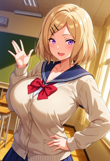 general,highres, ultra-detailed,very aesthetic,best quality ,best hands,best eyes,easynegative,
dynamic anglre, dutch angle, anime cloring,
1girl solo,looking at viewer,indoors,school, hand on hip,smile,open mouth, 
Sayuki,blonde_hair, short_hair,hairclip, purple eyes, huge_breasts,school uniform,