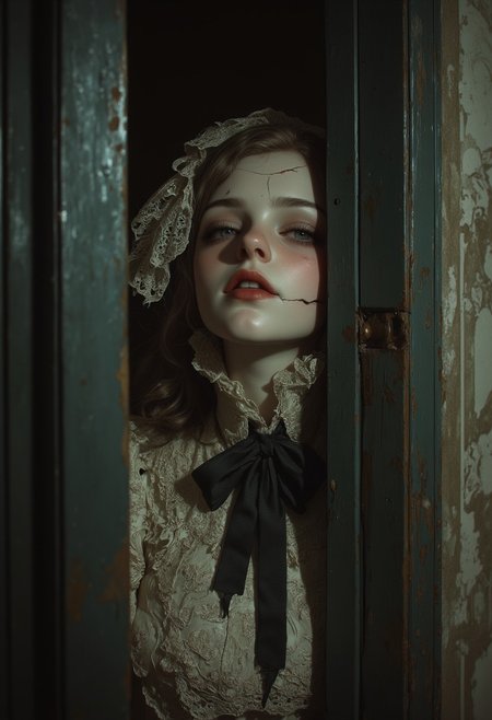 Create an intricately detailed, hyper-realistic head-and-shoulders portrait of an aging, cracked Victorian-era porcelain and paper-mâché doll. She is small in stature, no bigger than a small child and peers around the edge of a dark wooden doorway, her delicate porcelain fingers barely visible as they grip the frame. A deep, jagged crack splits her forehead, and her glossy black void-like eyes lock onto the viewer with a sinister, knowing grin. A cold, unnatural glow from behind silhouettes her figure, casting an eerie halo around her wild, dust-matted curls. Her once-elegant Victorian gown, adorned with tattered lace and intricate embroidery, clings to her fragile frame, the frayed edges barely catching the dim light. The peeling wallpaper behind her reveals darkened wood panels, their surfaces warped with time. Wisps of dust swirl in the air, illuminated by the unsettling backlight, as faint whispers seem to emanate from the shadowed hallway beyond. The air is thick with haunting elegance, a perfect balance of beauty and creeping dread as she lingers in the doorway, watching… waiting.
